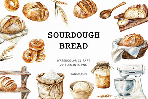 Watercolor Sourdough Bread Clipart, a Food Illustration by SvetaArtStore