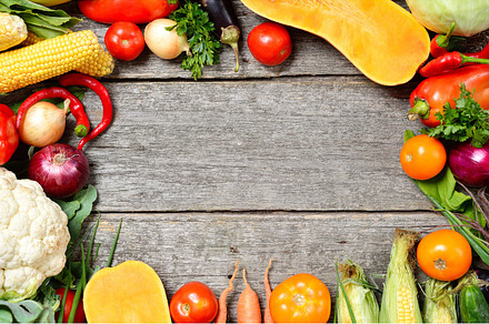 Raw organic set of fresh vegetables on a wood background autumn harvest from, a Food & Drink Photo by ok_kate