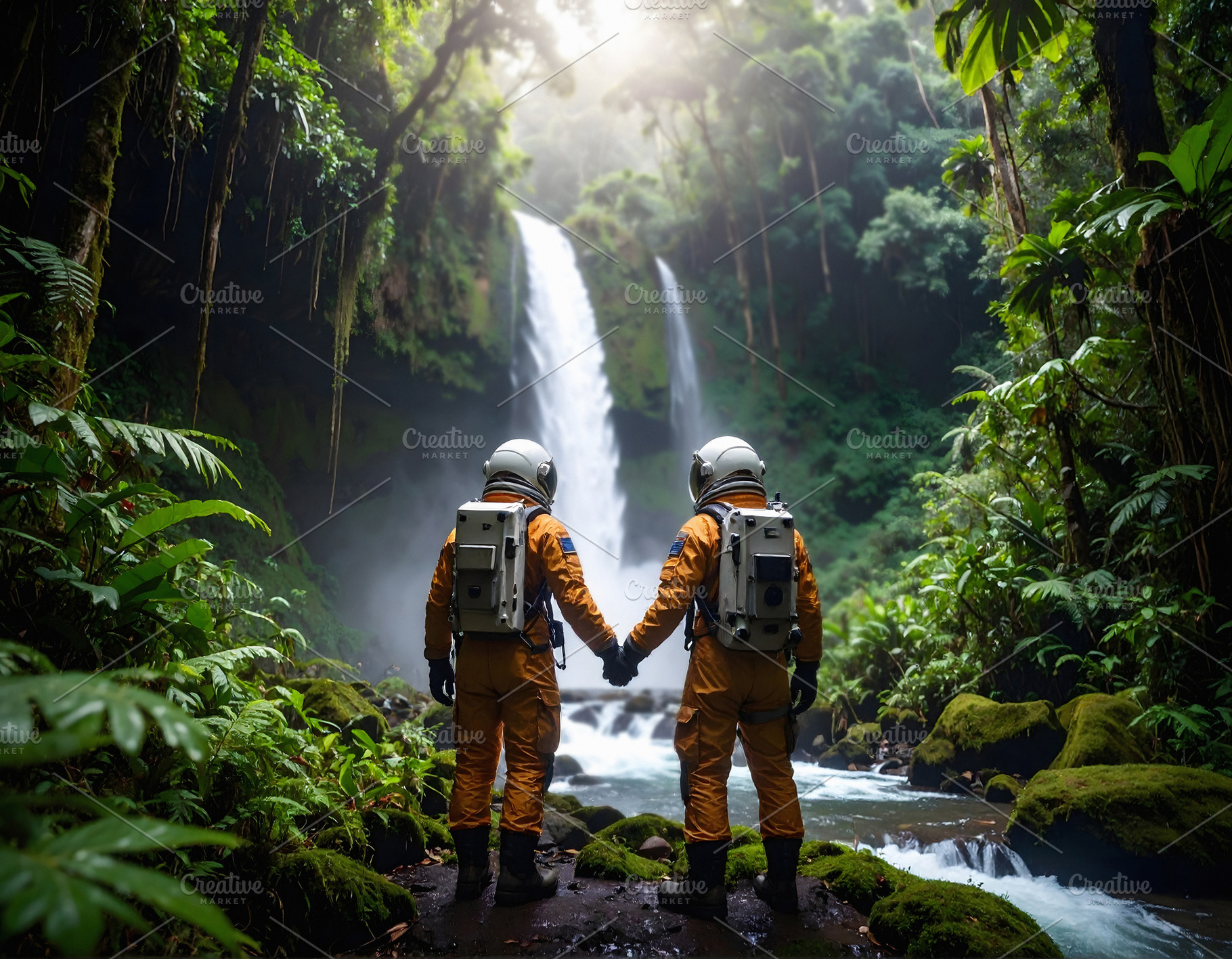 Astronauts together in forest near waterfall under glowing light, a Transportation Photo by GoodGoods