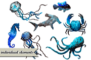 Watercolor whales & other creatures, a Pattern Graphic by 4erta (Thumbnail 4 of 6)