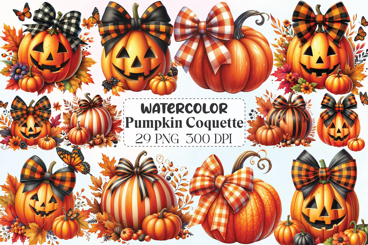 Fall Pumpkin Coquette Bows Clipart, an Illustration by CraftArtStudio (Photo 1 of 6)