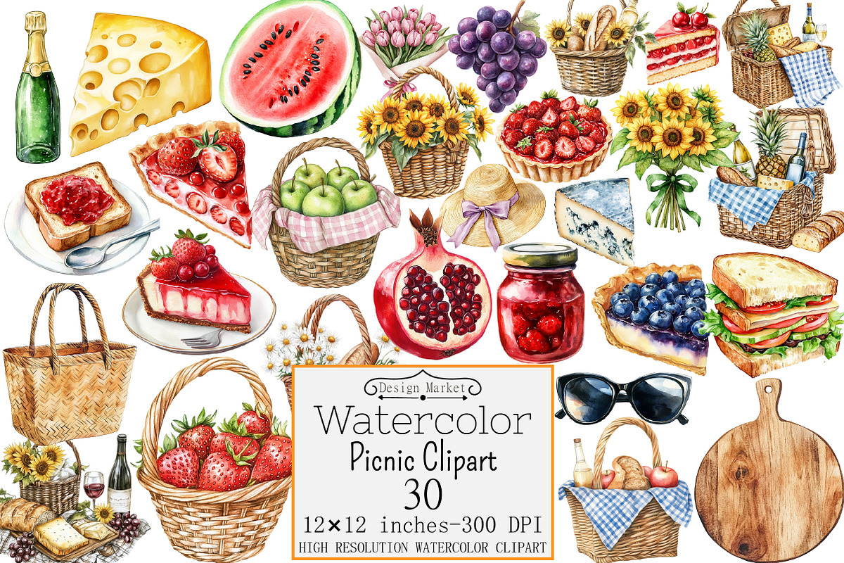 Watercolor Picnic Clipart, a Seasonal Illustration by Design Market (Photo 1 of 4)