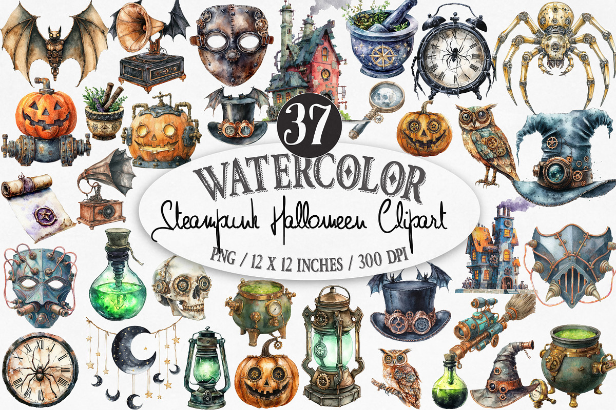Watercolor Steampunk Halloween PNG, an Illustration by Designking (Photo 1 of 5)