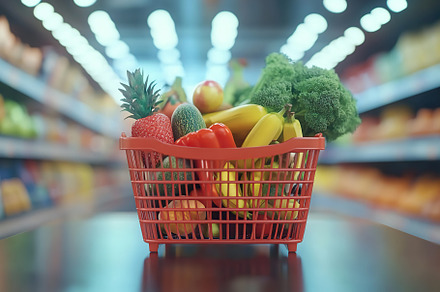 Shopping basket full of different grocery products on the floor, a Food & Drink Photo by AlyaAnd