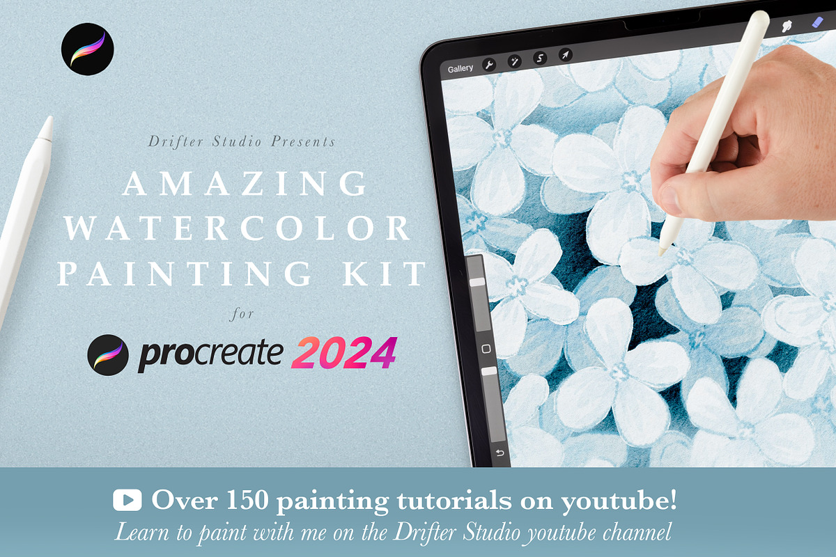 Watercolor for Procreate Kit 2024, a Plug-in Add-On by Drifter Studio PrintShop (Photo 1 of 8)