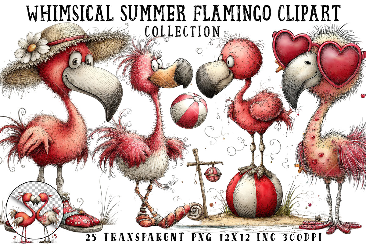 Whimsical Summer Flamingo Clipart, an Illustration by OK Design (Photo 1 of 6)