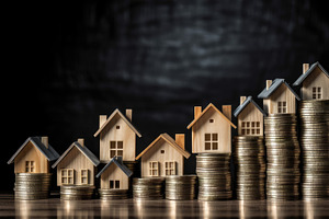 many house model on coins stack , saving for investment and real estate , Gener
