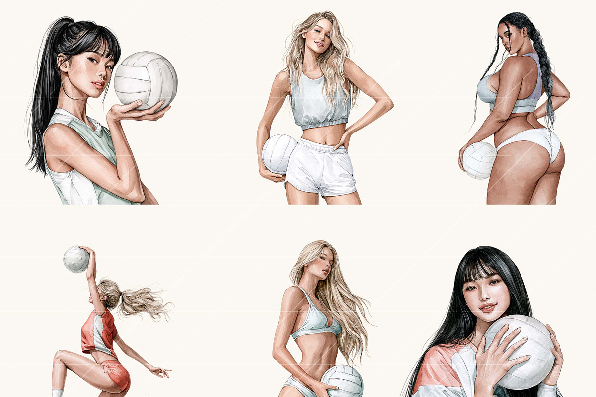 Watercolor Volleyball Girl Clipart, a Sport Illustration by BusyDaydesign (Photo 2 of 9)