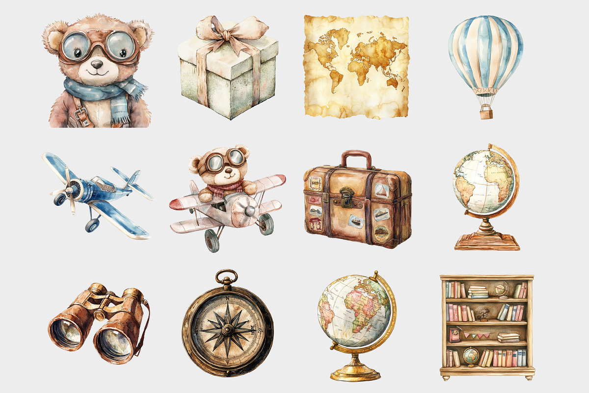 Watercolor Vintage Travel Clipart, a Seasonal Illustration by Design Market (Photo 2 of 5)