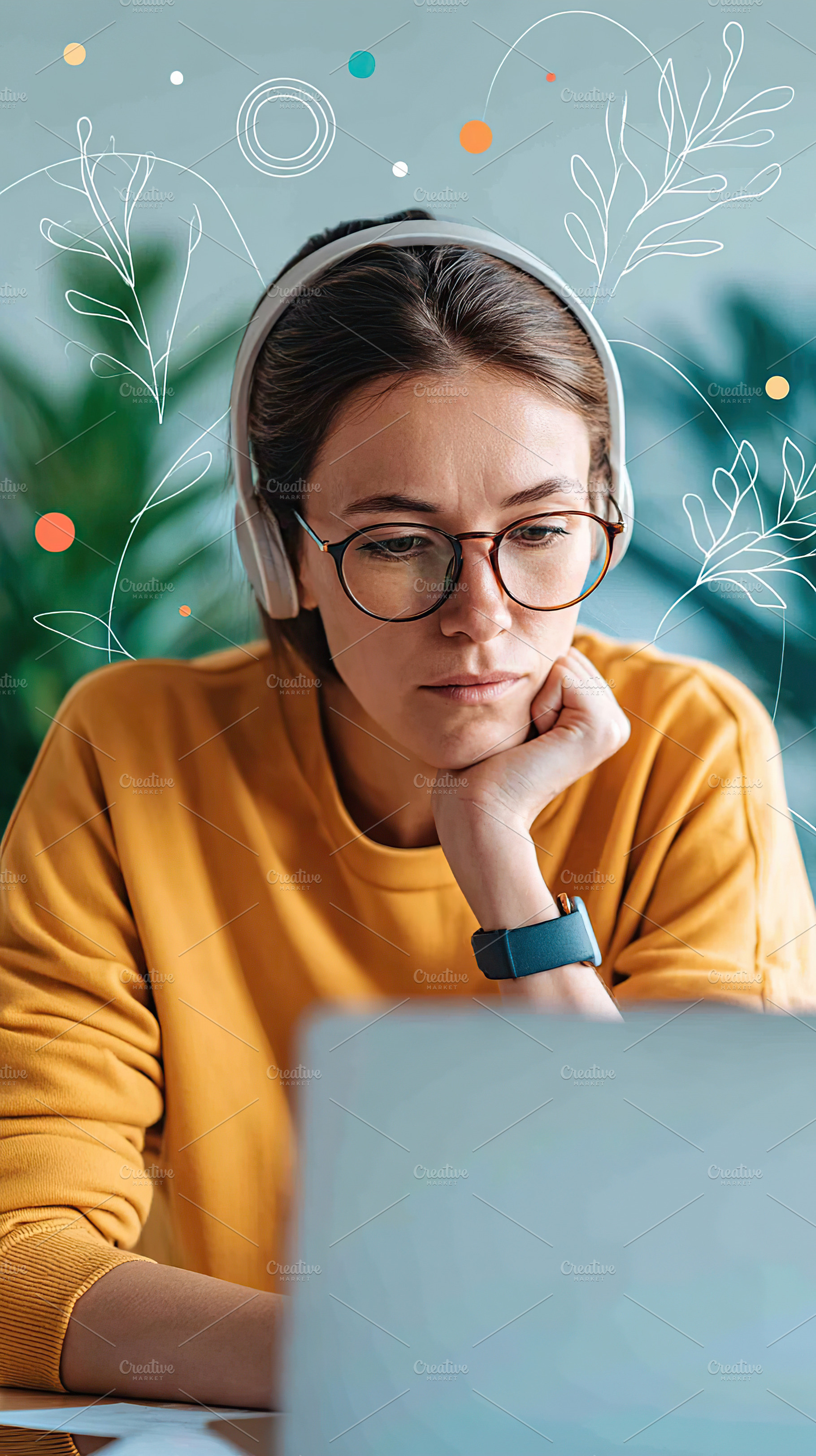 Young woman wearing headphones focused on laptop in cozy workspace with plants, a Person Photo by AlyaAnd
