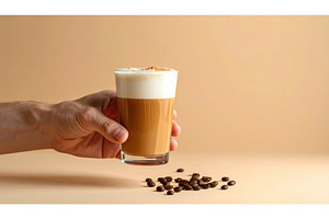 Hand holding latte coffee in glass, a Food & Drink Photo by Igor Tichonow