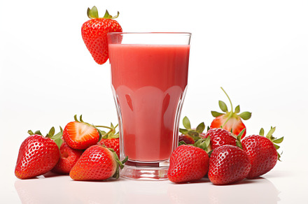 Strawberry smoothie in glass with berries on white background, a Food & Drink Photo by AlyaAnd