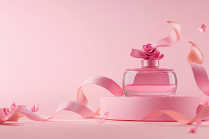 Elegant pink perfume bottle with ros, a Photo by Tanuart