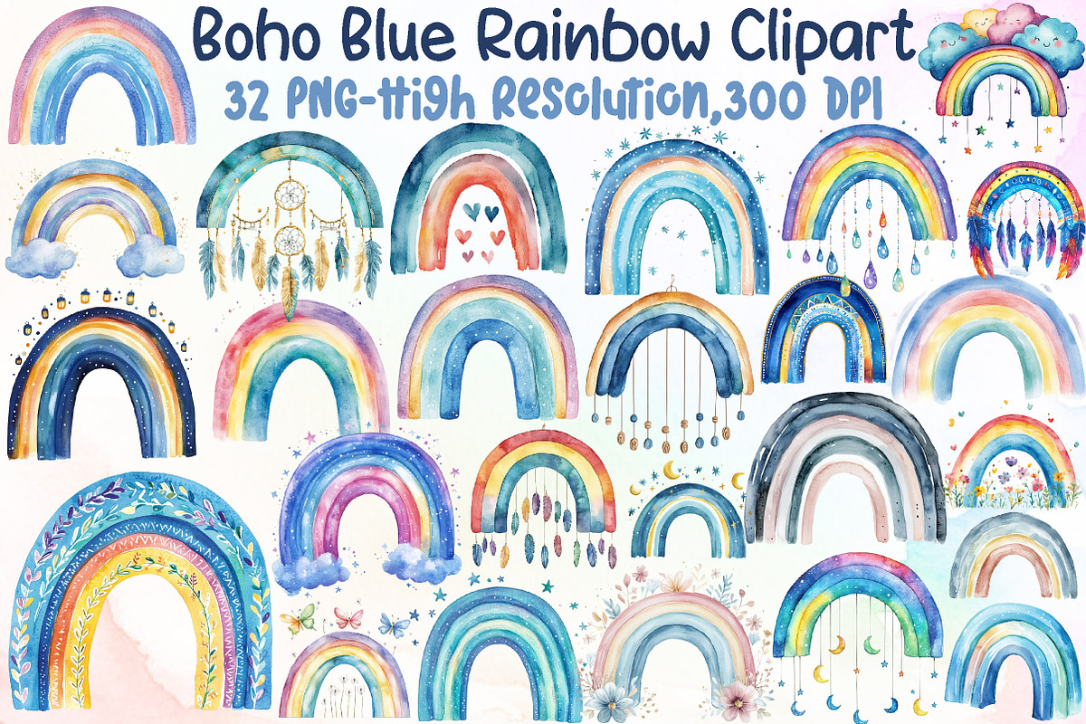 Watercolor Boho Blue Rainbow Clipart, an Illustration by Sublimation Artist (Photo 1 of 6)
