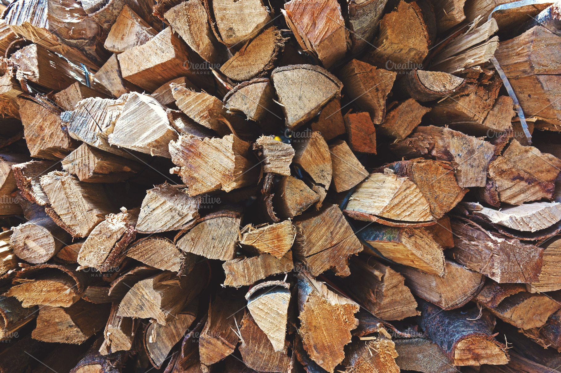 Firewood containing wood, pile, and fire