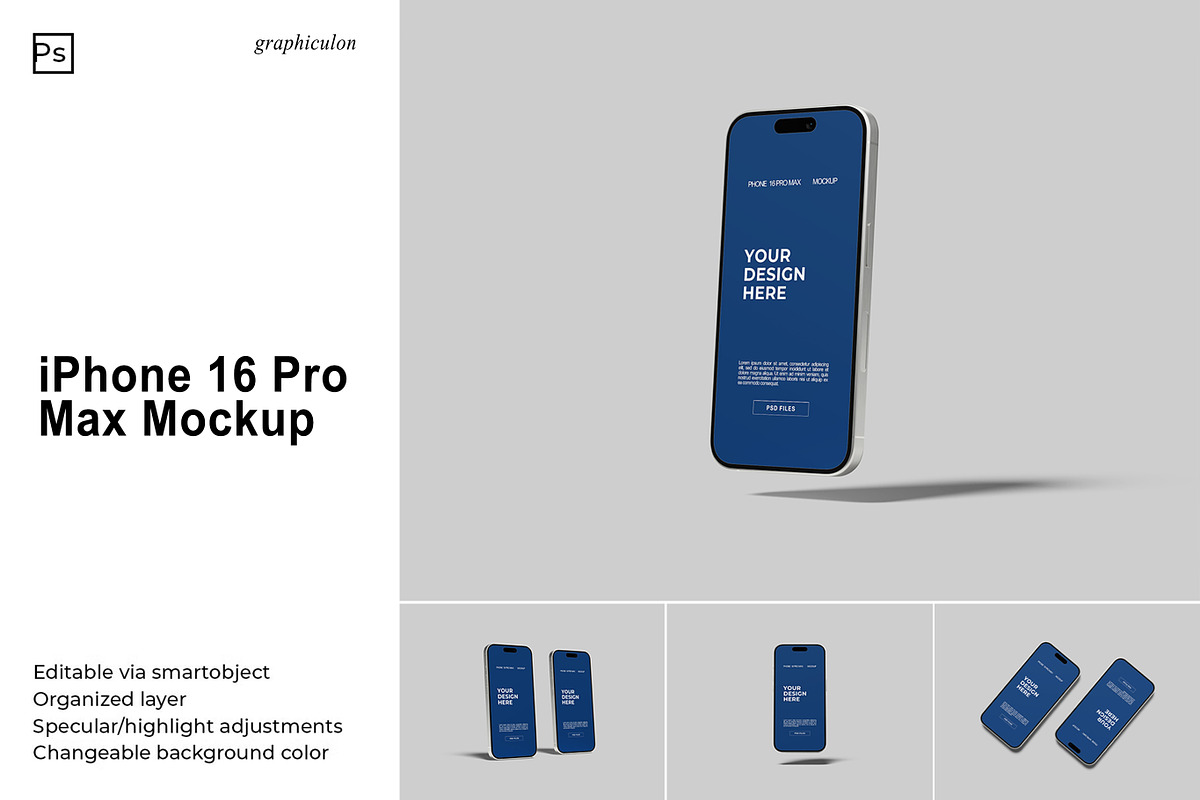 iPhone 16 Pro Max Mockup, an iPhone Mockup by Graphiculon (Photo 1 of 11)