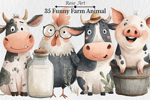 Watercolor Funny Farm Animal Clipart, a Seasonal Illustration by Rose Art