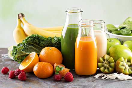 Variety of fresh vegetable and fruit juices containing variety, fresh, and, a Food & Drink Photo by farwasser