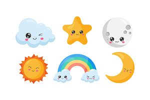 Set Of Cute Kawaii Sky Objects