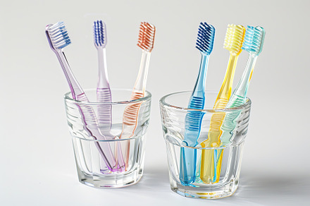 New toothbrushes in glasses on white background, a Health & Medical Photo by AlyaAnd