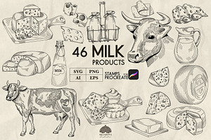 Milk products line art + Procreate, a Food Illustration by Skliarova