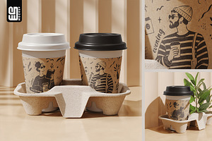 Paper Coffee Cups in Carrier Mockup