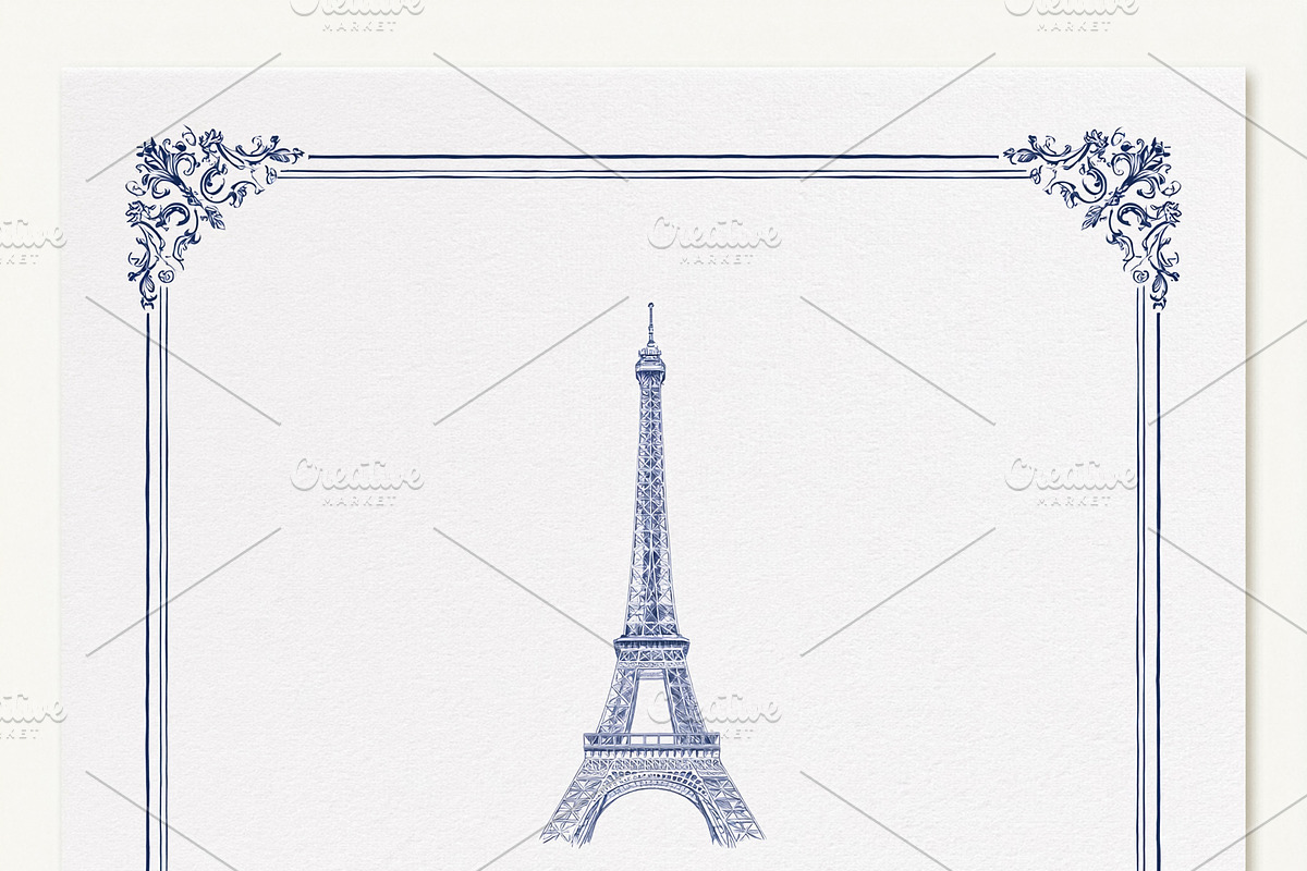 Eiffel Tower drawing on vintage stationery with ornate floral bo, an Illustration by Studio ANNA
