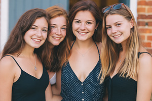 Four cheerful female friends standing together, enjoying a fun t, a Person Photo by Studio ANNA