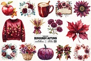 Watercolor Burgundy Autumn Clipart, an Illustration by Pixels.Craft (Thumbnail 1 of 7)