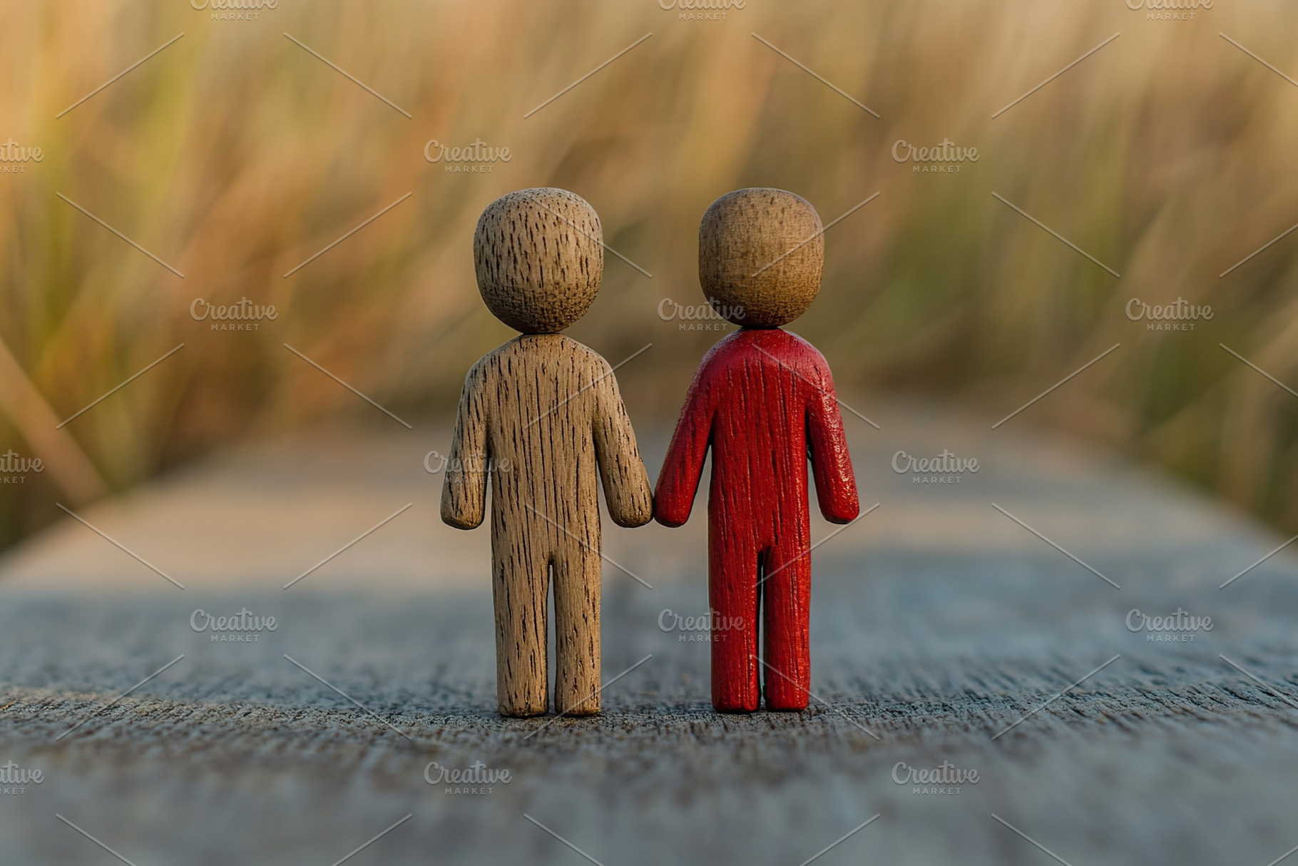 Wooden human figures holding hands on a wooden platform in natural setting, a Beauty & Fashion Photo by AlyaAnd