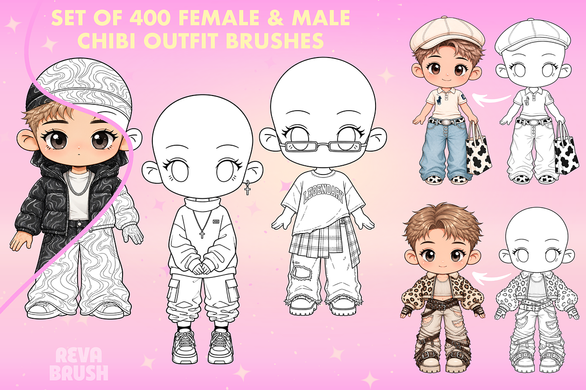 Chibi Procreate Outfit Pose brushes, a Brush Add-On by Revabrush (Photo 5 of 18)
