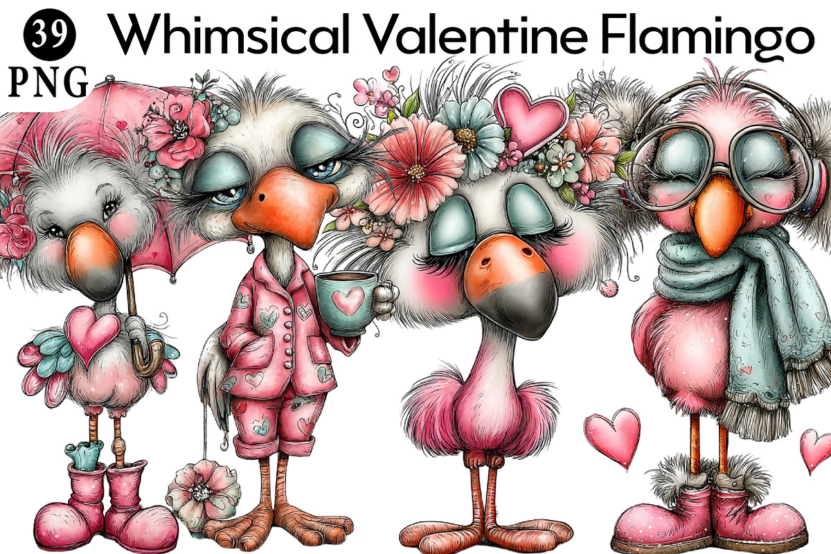 Whimsical Valentine Flamingo PNG Set, an Illustration by Daily.Designs (Photo 1 of 5)
