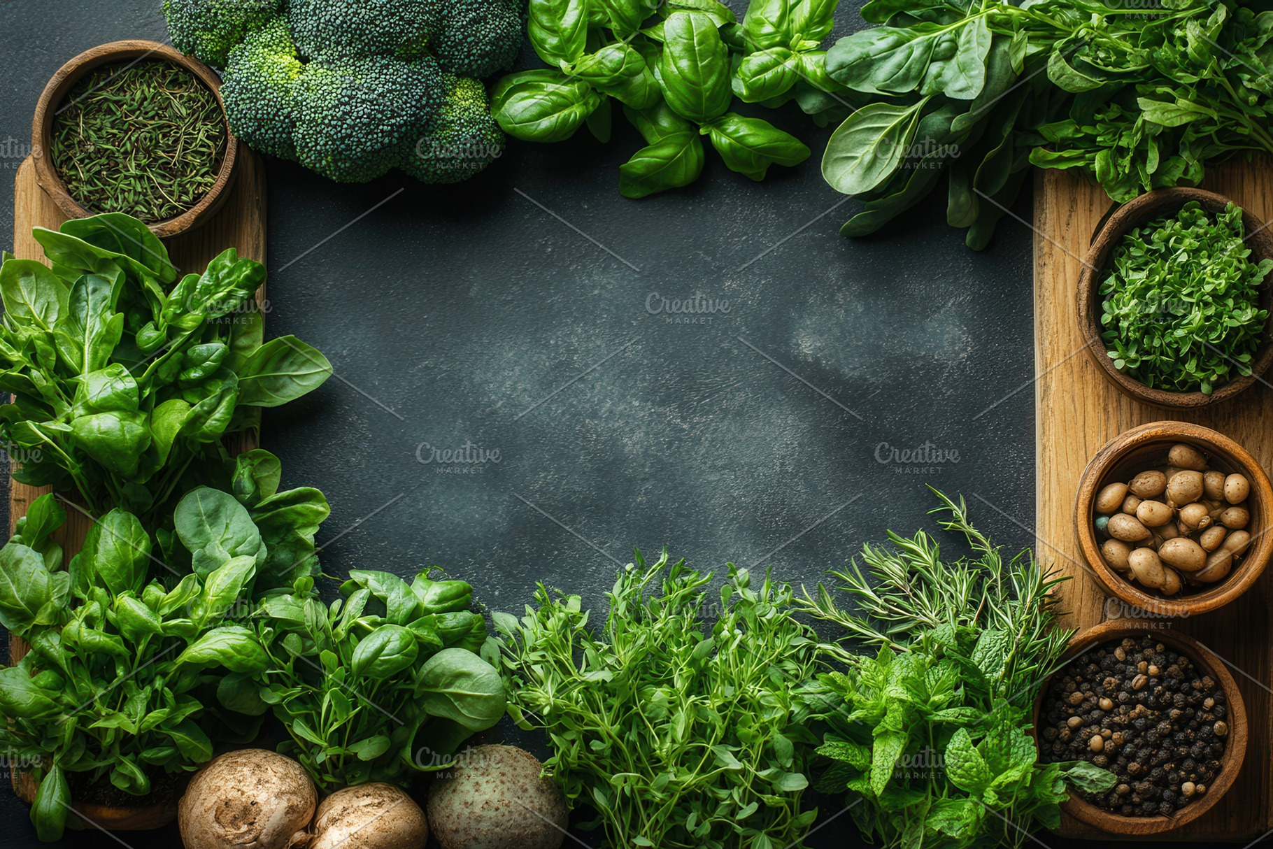 Freshly harvested herbs and vegetabl, a Photo by Tanuart
