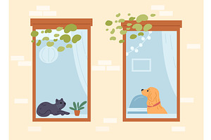 Dog and cat look into windows of, an Object Illustration by Vectorbuum