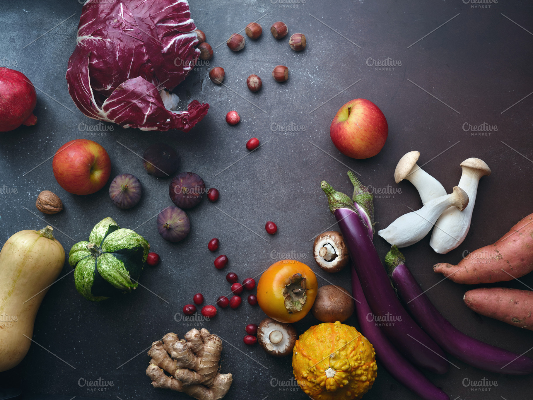 Top view winter groceries, healthy vegetarian ingredients for co, a Food & Drink Photo by Asya Nurullina