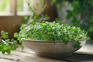 Microgreen broccoli in bowl on wooden background, a Food & Drink Photo by AlyaAnd