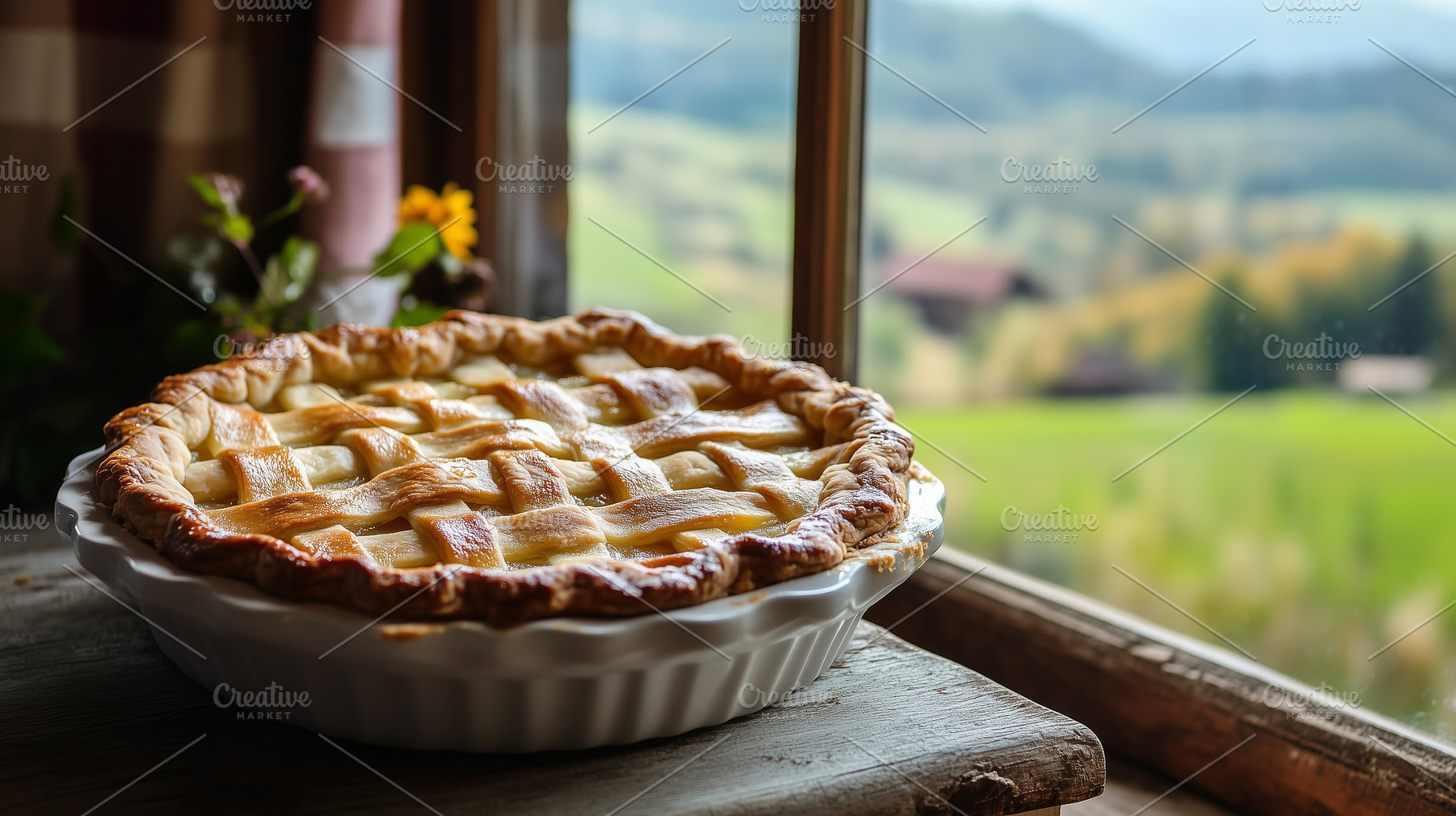 Golden, lattice-topped pie sits, a Food & Drink Photo by MistyDay
