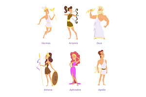 Greek Ancient Gods. Set Of Cartoon Characters Male And Female