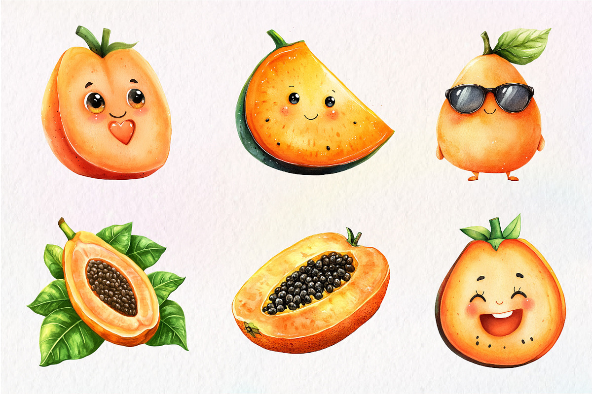Watercolor Papaya Fruit Clipart,, an Illustration by CreationArt (Photo 6 of 9)