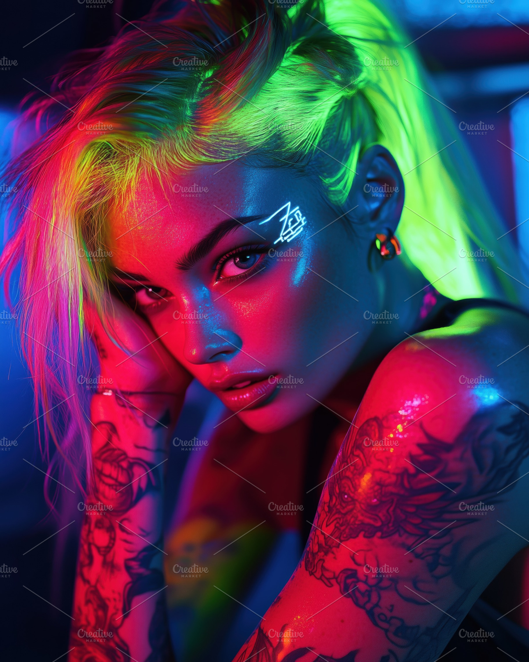A striking portrait of a model with vibrant neon hair and makeup, showcasing co, a Person Photo by Textures & Backgrounds