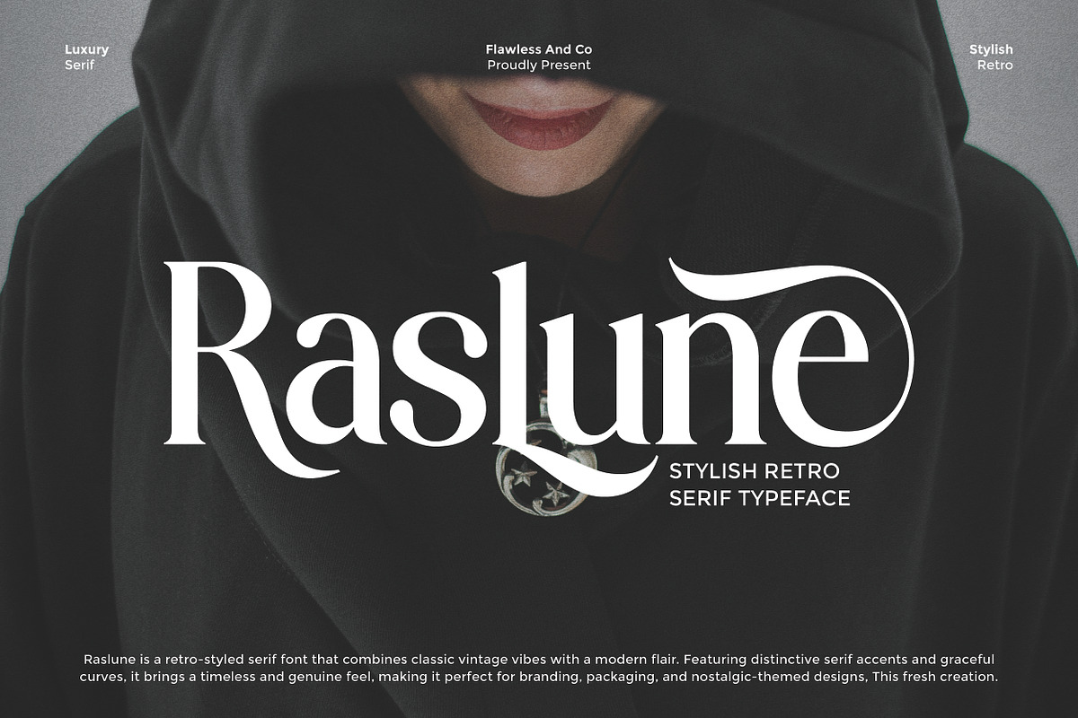 Raslune - Retro Serif Font, a Serif Font by Flawless And Co (Photo 1 of 10)