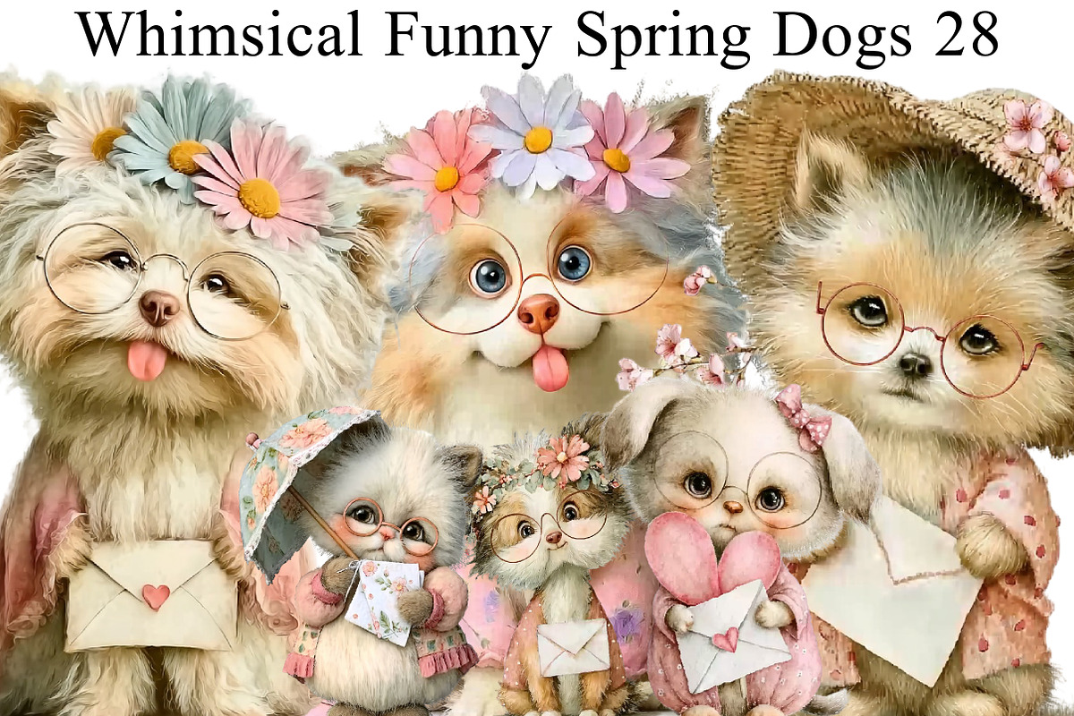 Whimsical Funny Spring Dogs Clipart, an Illustration by DreamArtGraphic (Photo 1 of 8)
