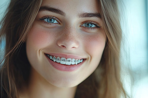 Young woman with modern braces on teeth, dental care concept, a Health & Medical Photo by AlyaAnd