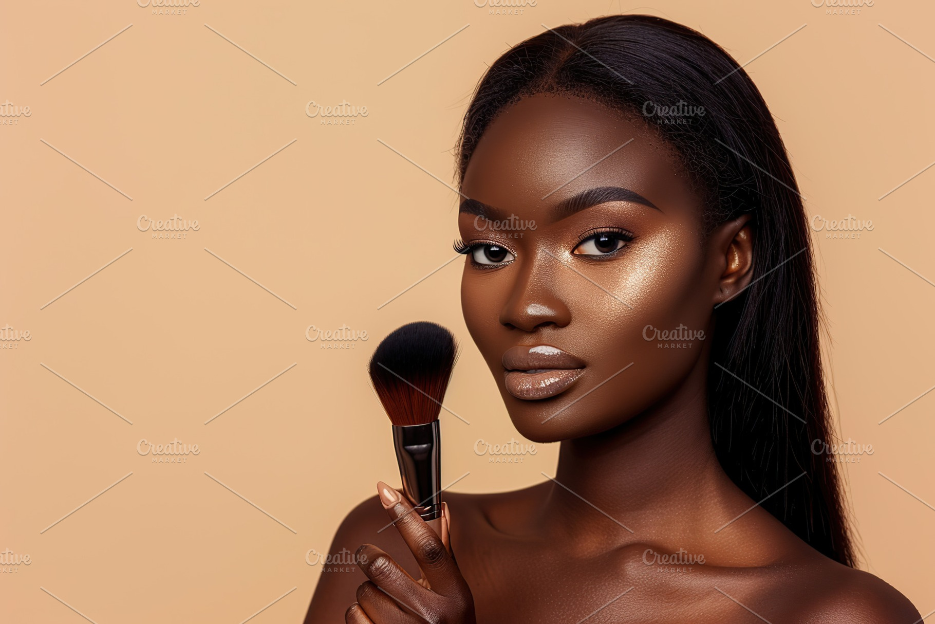 Portrait of african american woman with clean healthy skin holding cosmetic bru, a Person Photo by AlyaAnd