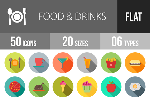 50 Food Drinks Flat Shadowed Icons