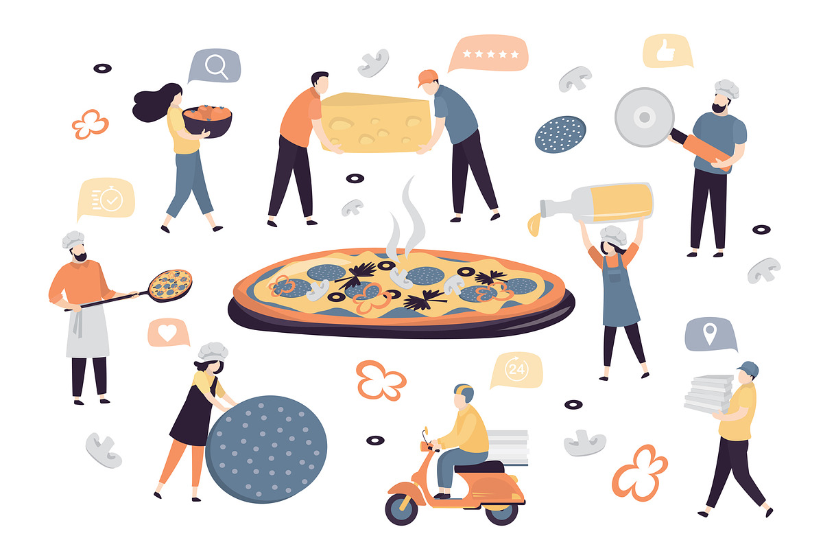 Pizza. Set of People make pizza., a Food Illustration by naum_studio