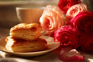 Golden puff pastry squares on a plate with red and pink roses, a, a Photo by Studio ANNA