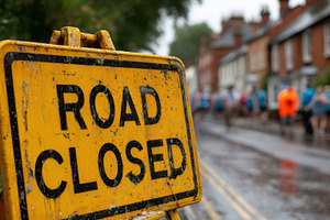 Road Closed sign during a rainy race, a Photo by Pixeness Studio