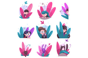 Cute Boys, Girls and Animals Hiding, an Animal Illustration by TopVectors