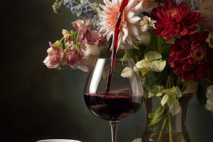 Red wine pouring into a full glass on a dark moody background, a still life wit, a Food & Drink Photo by Anneleven